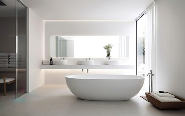Modern design. Chic and minimalist bathroom with a standalone tub, a large mirror and clean white fixtures. Natural materials, calm and simple interior design. AI Generative.
