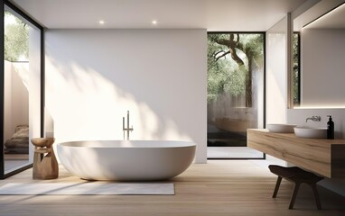 Fototapeta na wymiar Modern design. Chic and minimalist bathroom with a standalone tub, a large mirror and clean white fixtures. Natural materials, calm and simple interior design. AI Generative.