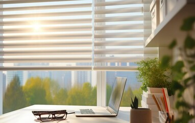 Beautiful blurred view background. Wooden table, lamp, plants. Close-up of automated blinds, with view of the outdoors visible behind them. Interior design poster. Work space design. AI Generative.