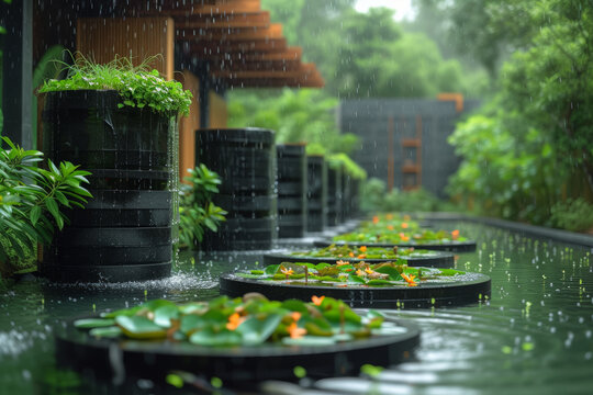 A captivating image of a rainwater harvesting system in action, showcasing the ingenuity behind collecting and utilizing rainwater for sustainable water management. Generative Ai.