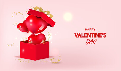 Happy Valentine's Day holiday sale banner vector. Greeting love card on violet background with 3d balloon hearts, gift box and confetti. 14 February discount illustration.
