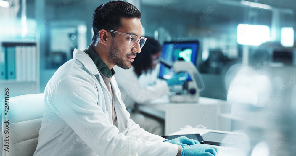Aufkleber laptop, man or scientist with microscope or research in lab for a chemistry report or medical test f