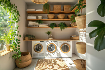 A bright, modern laundry room featuring a pair of front-loading washing machines, wooden shelves with many plants and storage baskets