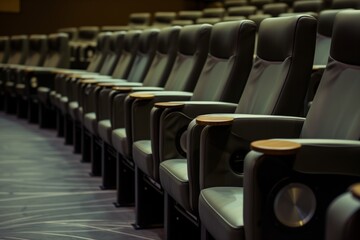 Naklejka premium row of empty vip theater seats with personal swivel tables