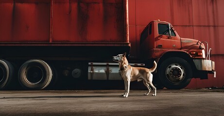 AI generated illustration of a dog standing by big truck, curious and alert