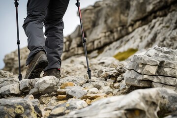 walker with poles navigating a rocky terrain - obrazy, fototapety, plakaty