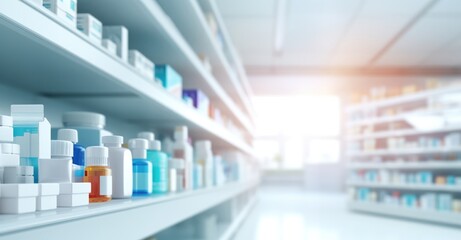 Blurred light tone Pharmacy store drugs shelves interior background medicine shelf in a row blurred light tone