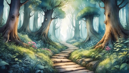 Whimsical Enchanted Forest Path in Watercolor Style. Perfect for Wallpaper.
