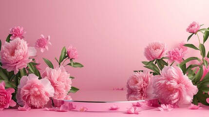 Display your beauty products in style with a round glass podium platform stand, surrounded by beautiful peony flowers on a pastel pink background