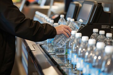 person at selfcheckout scanning bottles of water - 729912322