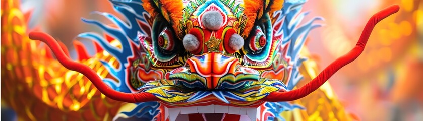 Close-up view of dragon dance costume's detailed patterns during Chinese New Year. Bright colors and textures highlight the costume's beauty and craftsmanship.