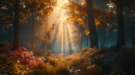 A tranquil forest with sunlight filtering through the trees, illuminating the words "Peace Day".