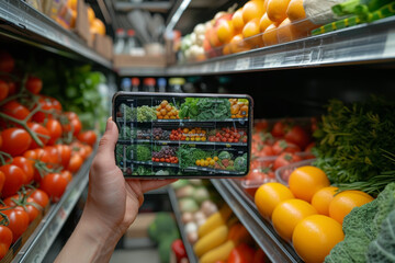 An augmented reality nutrition guide that overlays helpful information on real-world food items, empowering users to make healthier dietary choices while grocery shopping.  Generative Ai. - obrazy, fototapety, plakaty