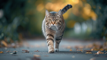 Obraz premium Cat walking on the middle of the road