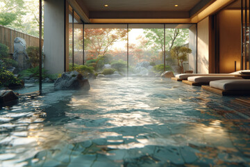 A captivating virtual reality experience that simulates a rejuvenating hot spring bath, providing users with a sense of relaxation and warmth. Concept of VR hot spring relaxation. Generative Ai.