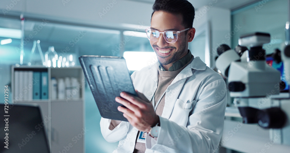 Poster tablet, scientist and reading for analysis in laboratory, healthcare and online pharmaceutical resea