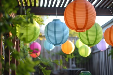 colorful paper lanterns above garden patio