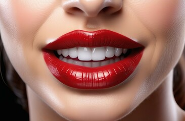 Fototapeta premium close up lips of woman. Red female lips close-up. White teeth.