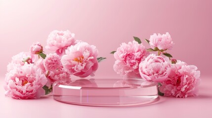Obraz na płótnie Canvas Display your beauty products in style with a round glass podium platform stand, surrounded by beautiful peony flowers on a pastel pink background