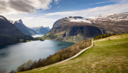 Spring Landscape of Norwegian Fjord: Mountainous Scenery, Ideal for Hiking, Relaxing, and Holiday Enjoyment - obrazy, fototapety, plakaty