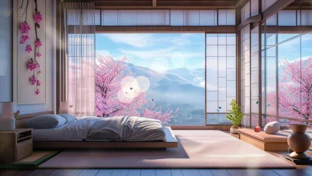 Japanese house interior in spring with cherry blossoms sakura and mountain view. Cartoon or anime watercolor digital painting illustration style. seamless looping 4k animation background
