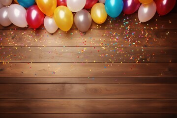 Colorful balloons and confetti against bleached wooden planks background, Ai Generated - obrazy, fototapety, plakaty