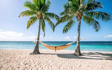 Hammock on the beach with palm trees and blue sky background