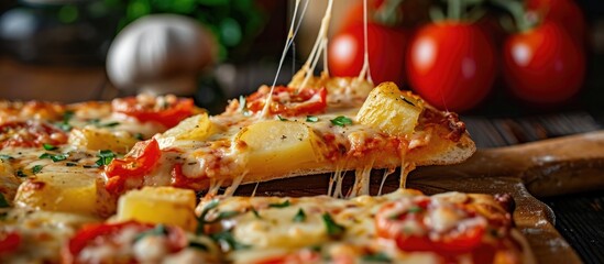 Rectangular pizza slice filled with potatoes, tomato, and cheese, in close-up view. - obrazy, fototapety, plakaty