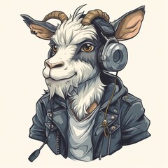 Whimsical goat adorned in leather coat and earphones, set alone on white canvas, ideal for creative design and printing