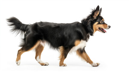a border collie moves with confidence against a white background.