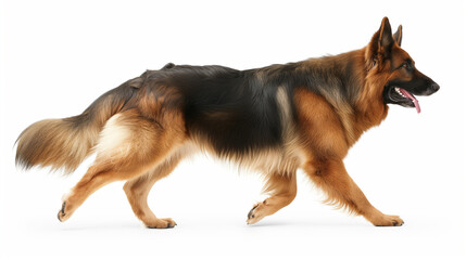 A German Shepherd walks confidently against a plain white backdrop