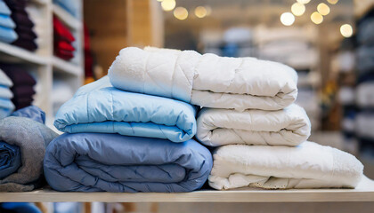 Stack of neatly folded duvets in a storage area. Getting ready for the winter season, with themes of home organization, charitable donations, and generosity. - obrazy, fototapety, plakaty