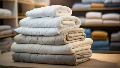 Stack of neatly folded duvets in a storage area. Getting ready for the winter season, with themes of home organization, charitable donations, and generosity.