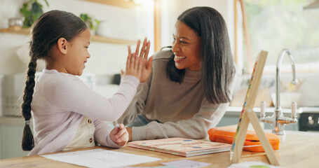 Learning, high five and mother with girl for home education, language success, support and love,...
