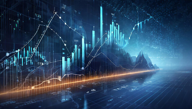 Perspective view of stock market growth, business investment, and data visualization concept featuring digital financial charts, graphs, diagrams, and indicators against a blurred dark blue background