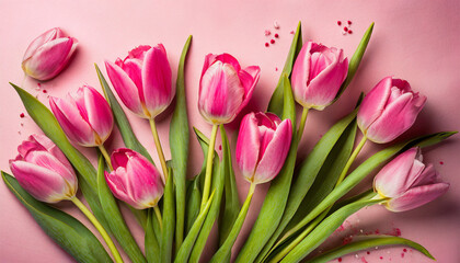Pink Tulips on a Pink Background: Top View, Flat Lay