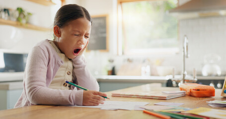 Tired, yawn and child with homework in kitchen, bored and doing project for education. Fatigue, morning or young girl with adhd yawning while drawing, learning writing or school knowledge in a house - obrazy, fototapety, plakaty