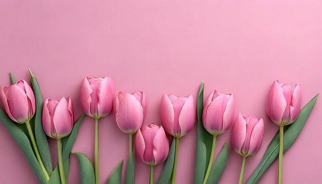 Pink Tulips on a Pink Background: Top View, Flat Lay