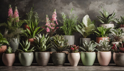 Realistic houseplants potted in flowerpots arranged in a row against a wall background.