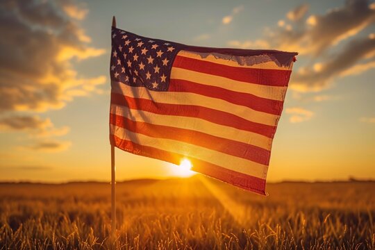 Flying the Flag A Glorious Sunset with the American Flag Generative AI