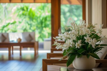 reception area with fresh flowers and tranquil music playing