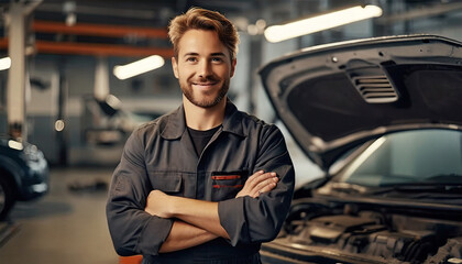 Expert Auto Mechanic at Car Repair Service: Premium Care for Your Vehicle. Vehicle Inspection Included - obrazy, fototapety, plakaty