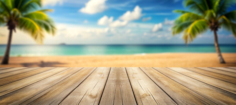 wooden table platform with blurry beach background