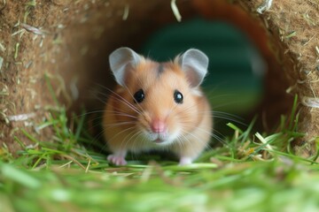 hamster poking its head out from an enclosure hideout hole