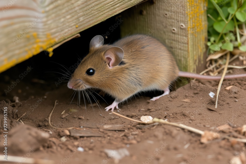 Wall mural field mouse darting out of a hole under a wooden fence - Wall murals