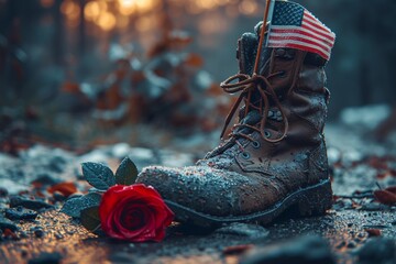 Rose and Boot A Tribute to Veterans Generative AI - obrazy, fototapety, plakaty