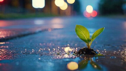 A small green plant defies the odds by growing through a crack in a city street, illuminated by the soft glow of dusk.