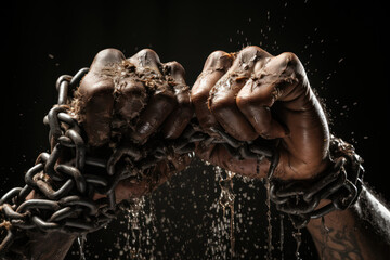 A pair of hands breaking chains, symbolizing the emancipation from constraints and the pursuit of personal freedom. Generative Ai. - obrazy, fototapety, plakaty