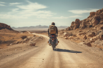 A vast desert landscape with a lone traveler on a motorcycle, evoking the spirit of adventure and the freedom of the open road. Generative Ai.