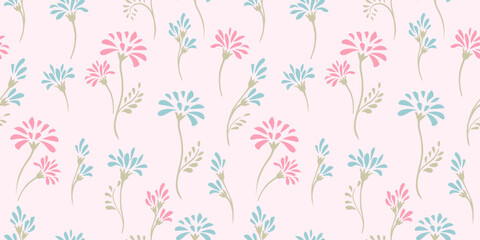 Vector hand drawn sketch simple floral stems with tiny spots, drops seamless pattern. Pastel pink minimalist cute retro background. Abstract creative ditsy flowers printing. Template for design